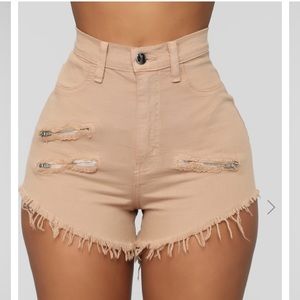 Tan Distressed Highwaisted Shorts